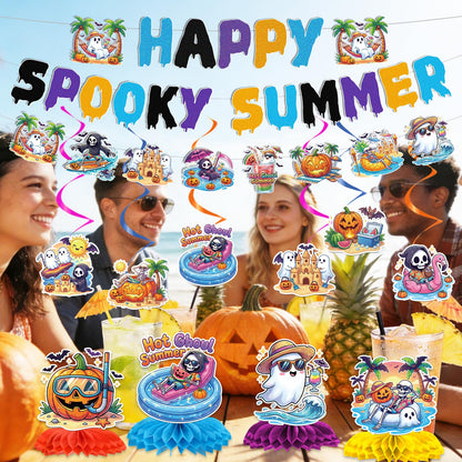 Papiailove Summer Halloween Party Decorations - 13Pcs Ghost and Pumpkin Theme Banners with Hanging Swirls, Honeycomb Centerpieces for Birthday Baby Shower Pool Party, Spooky Summer Party Decor