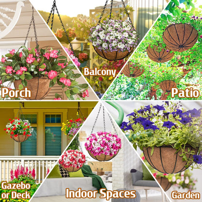 ZeeDix 2 Pack 14 Inch Hanging Baskets for Plants Outdoor, Metal Wire Round Planters with Coco Liner, Hanging Flower Baskets for Home Garden Porch Balcony Railings Decor