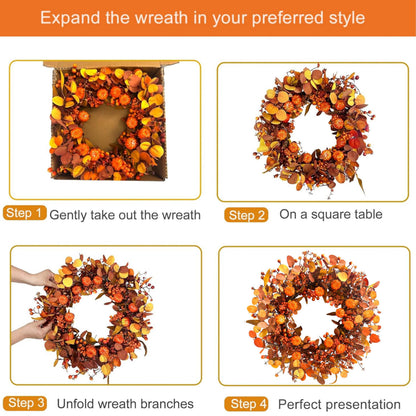 MAINGKAUNG Fall Wreath 22 Inch Fall Wreaths for Front Door Autumn Pumpkin Wreaths with Orange Eucalyptus Leaves and Berries for Indoor Outdoor Thanksgiving Harvest Festival Celebrations