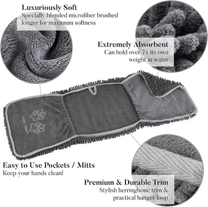 Lucky Pooch® Super Absorbent Shammy Dog Towel - Luxuriously Soft Hand Pockets – 34.5x12.5in – Quick Drying Microfiber Dog Bath Towel – Durable Towels for Drying Dogs (Pack of 1, Gray)