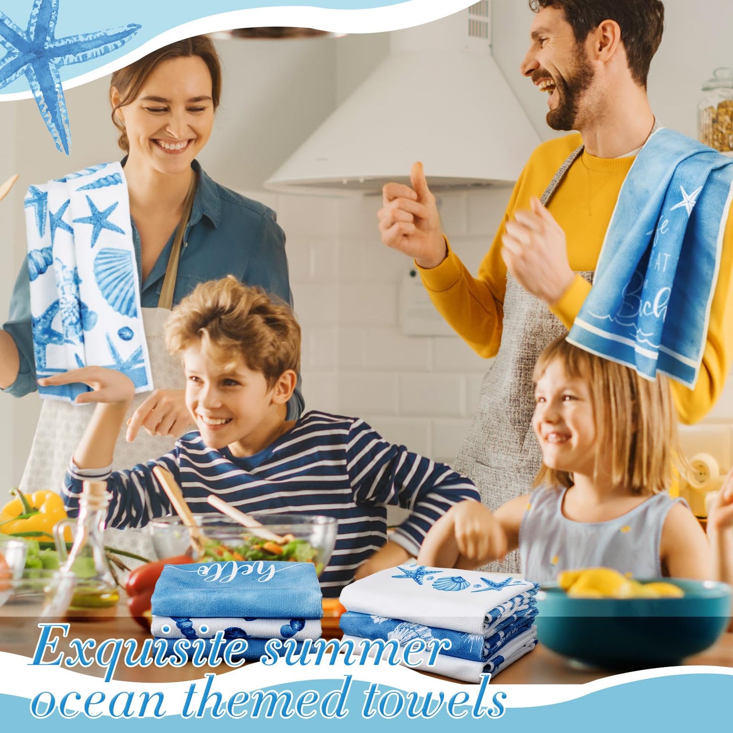Oudain 6 Pcs Beach Kitchen Towels Ocean Coastal Hand Towel Sea Theme Nautical Starfish Shells Tea Dishcloths 24 x 16 Inches Seahorse Dish Cloths for Home Kitchen Bathroom Xmas Gifts