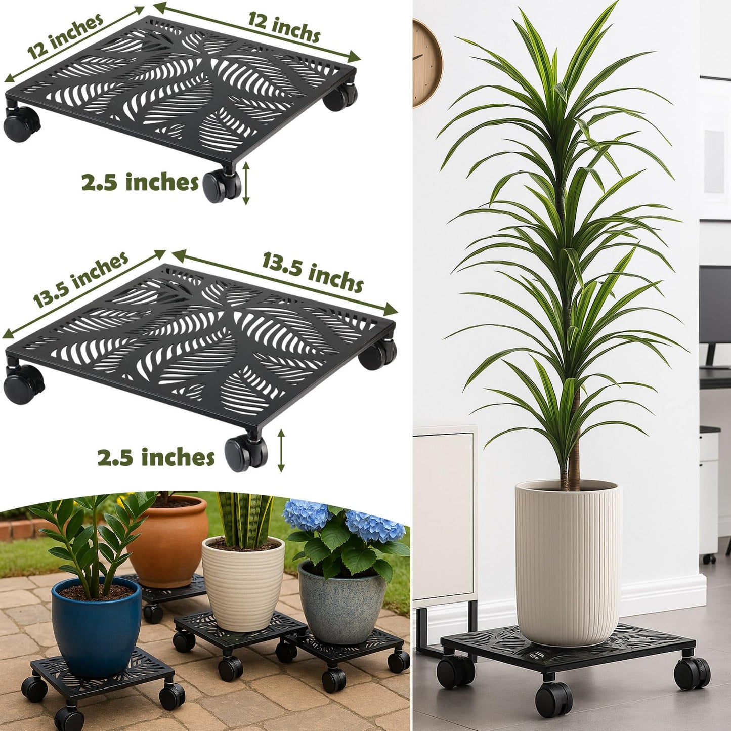 1-Pack 12 Inches Square Metal Plant Caddy with Wheels Heavy Duty Large Rolling Plant Stand Indoor Outdoor Wheeled Planter Dolly Cart with Lockable Casters Flower Pot Mover Roller Trolley, Black