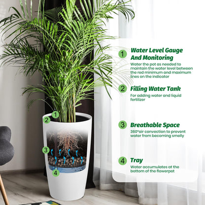 GarveeLife Set of 2 Tall Planters for Outdoor Plants, 22 in Large Planters for Outdoor Indoor Plants with Water Level Monitor ＆ Inner Bucket, Automatic Watering, for Porch, Patio, Backyard, White