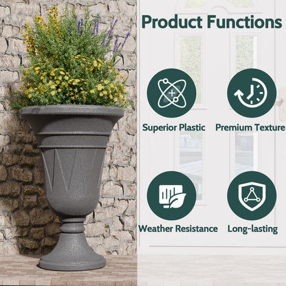 Trygoal 23.6" Tall Plastic Urn Planters for Outdoor Plants, Set of 2 Heavy-Duty Classic Indoor Large Flower Pots with Drainage Holes & Trophy Design, Outdoor Planters for Porch, Home Garden, Dark Grey