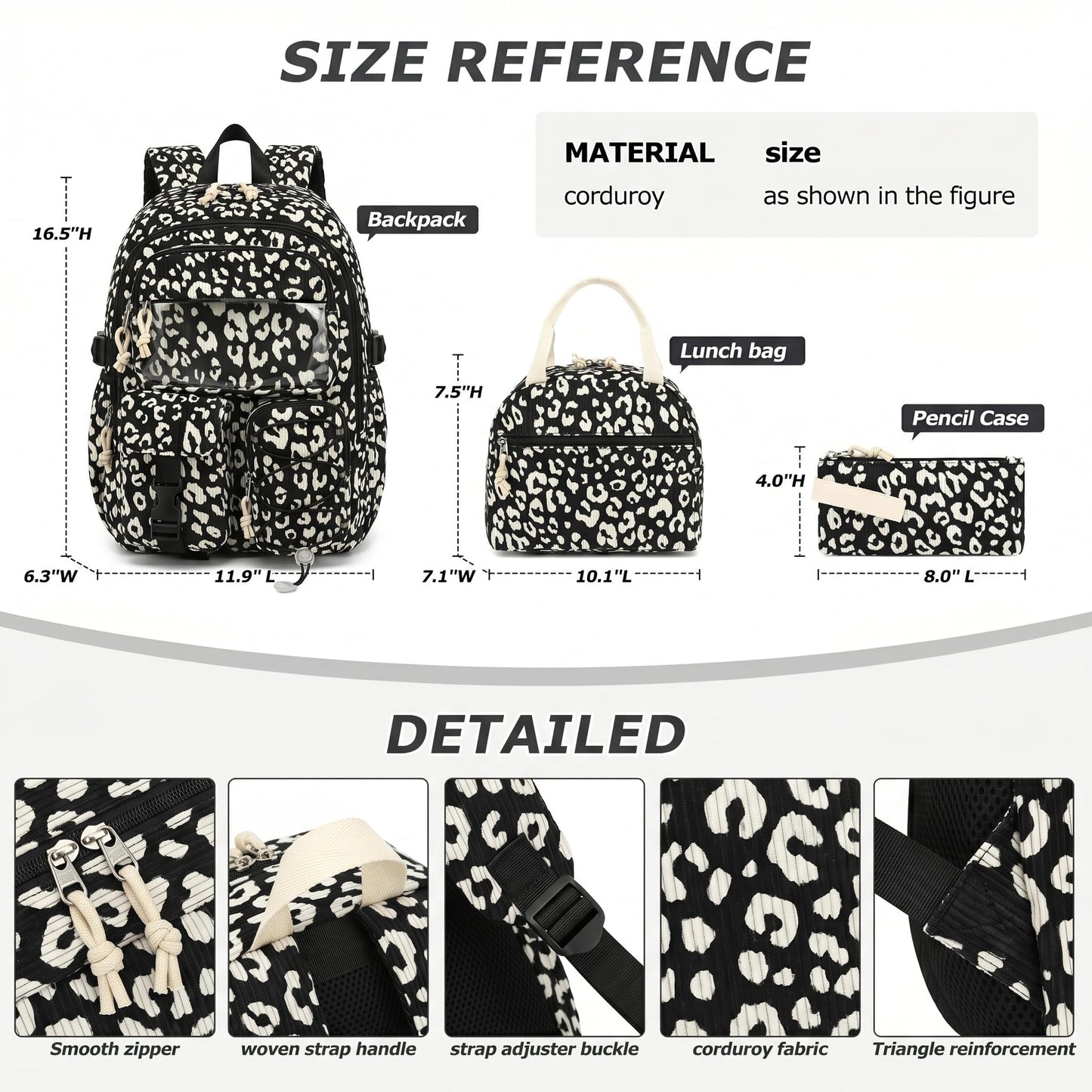 Pepailug School Backpack for Girls Boys with Lunch Box and Pencil Case, 3PCS Corduroy Kids Bookbag Set for Elementary Middle High School Bag with Travel Daily Use (Leopard Black)