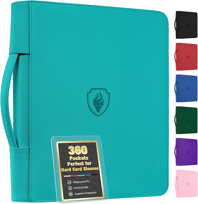 Fabmaker Top Load Binder Holds 360 Cards, Portable Card Binder with Retractable Handle, Side Loading Trading Card Storage for 3" x 4" Hard Card Sleeves, Collectible Case for Games, Sports Cards, Teal