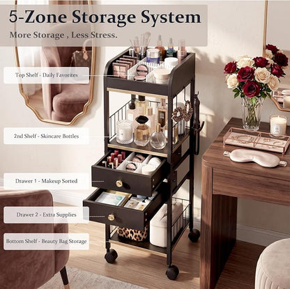 Makeup Organizer Cart, Rolling Floor Skincare Organizer and Storage with 2 Wooden Drawers, Cosmetics Display Cases Holder for Skin Care Perfume Hair Tools Nail Polish(Black&Glod)