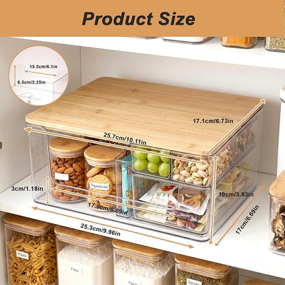 2 Pack Trash Bag Holder, Stackable Garbage Bag Dispenser with Lid | Clear Plastic Organizer with Bamboo Lid, Space-Saving Under Sink Storage for Kitchen, Laundry Room, Pantry & Cabinet