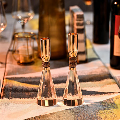 idyllictime Candle Holder Crystal K9 Heavy Base for Table Decorations Christmas Party Wedding Halloween Décor Set of 2 (Gold)