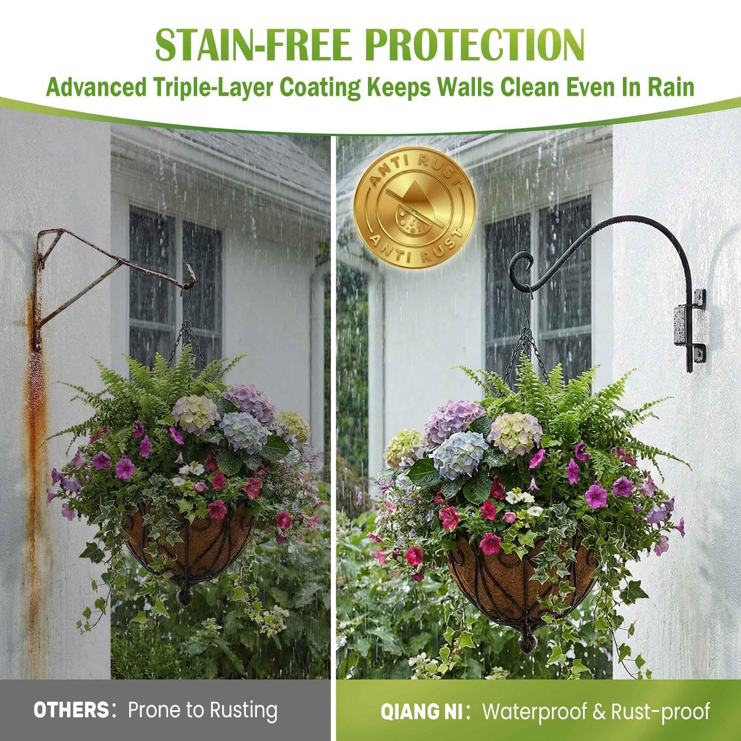 Qiang Ni Swivel Plant Hanger - 16 Inch 60 lbs Capacity Anti-Rust Metal Wall Mount Hook with Mounting Screws - for Indoor Outdoor Hanging Bird Feeders, Flower Baskets, Wind Chimes, Lanterns