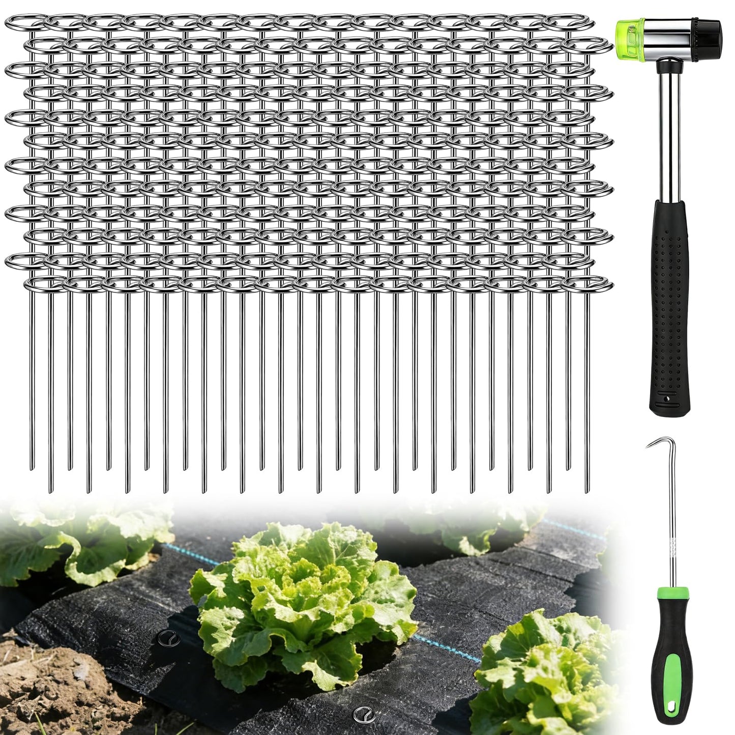 6 Inch Landscape Staples with Hook & Hammer - 200pcs Circle Top Weed Barrier Stakes Kit, 9 Gauge Galvanized Rust-Resistant Garden Fabric Pins, for SOD, Garden Edging, Install & Remove Tools Included