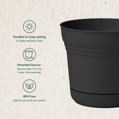 Bloem Saturn 7" Round Plastic Planter - Indoor/Outdoor, Snap-in Saucer & Drainage Holes, Black, 4-Pack
