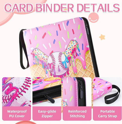 Ice Cream Drip Pattern Baseball Card Binder Waterproof Trading Card Binder Portable Collector Cardholder Album Case Gifts Baseball Cardholder for Boys Sports Game Supplies(900 Pocket,Pink)