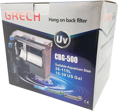 GRECH CBG-500 5W UV Hang On Back Aquarium Filter – 132 GPH HOB Power Filter for 10-30 Gallon Fish Tanks, External Filter with UV Water Clarifier