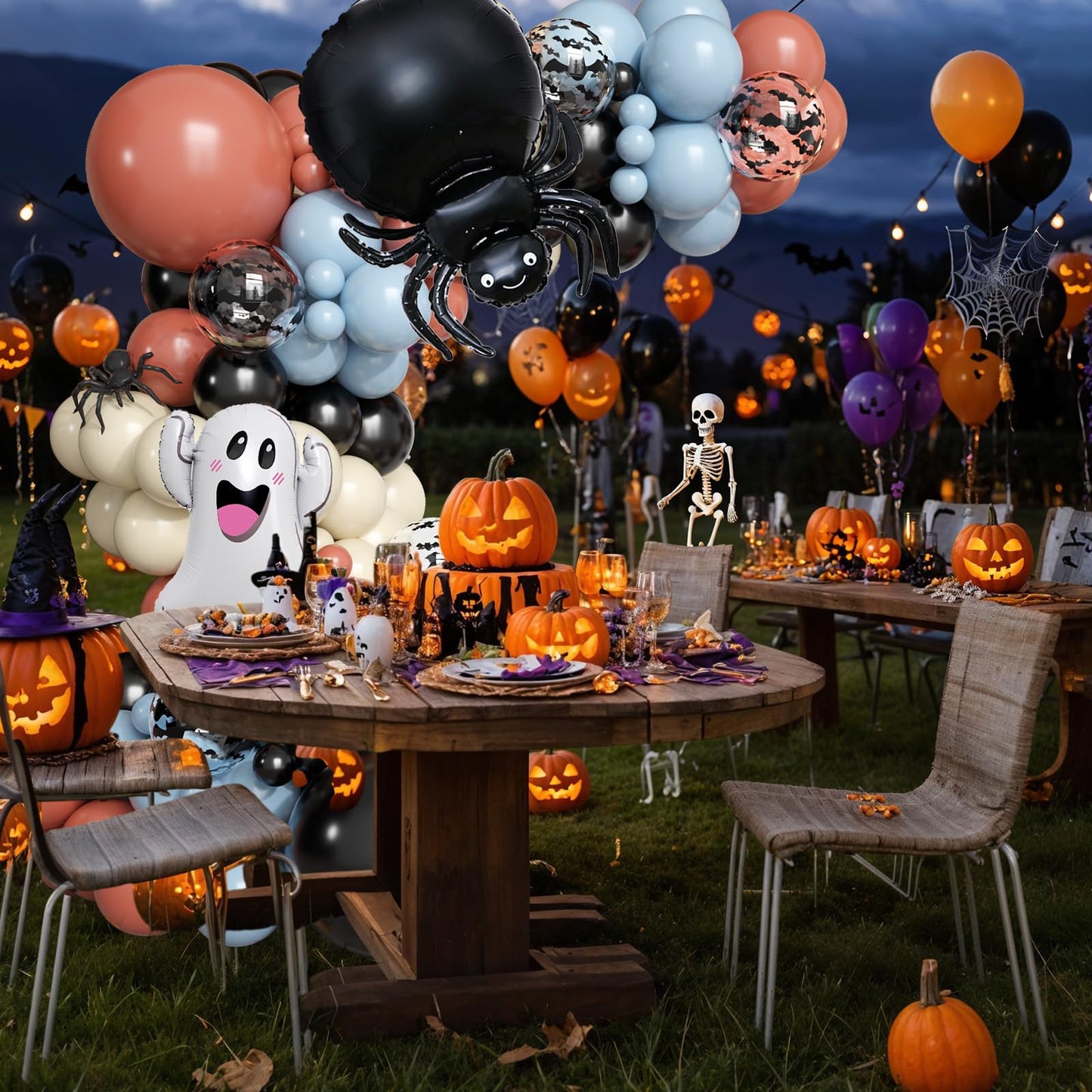 Halloween Balloons Arch Kit, 2025 Halloween Balloon Black Burnt Orange Dusty Blue Latex Balloons Garland with Ghost, Spider, Bat Printed Foil Balloon for Ghost Party Decorations