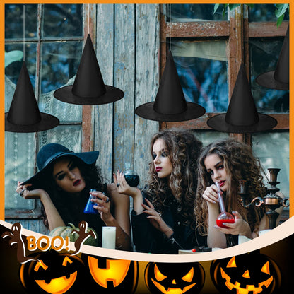 SATINIOR 12 Pcs Halloween Witch Hat Hanging Decor Floating Witch Hat with Rope Accessory and Transparent Seamless Hooks (Classic)