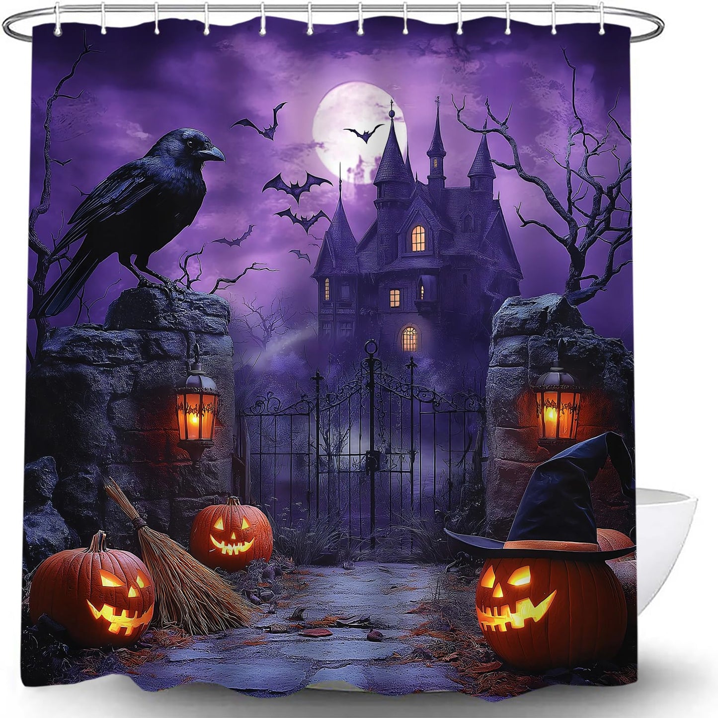 UPUMKSK Purple Haunted Castle Halloween Shower Curtain