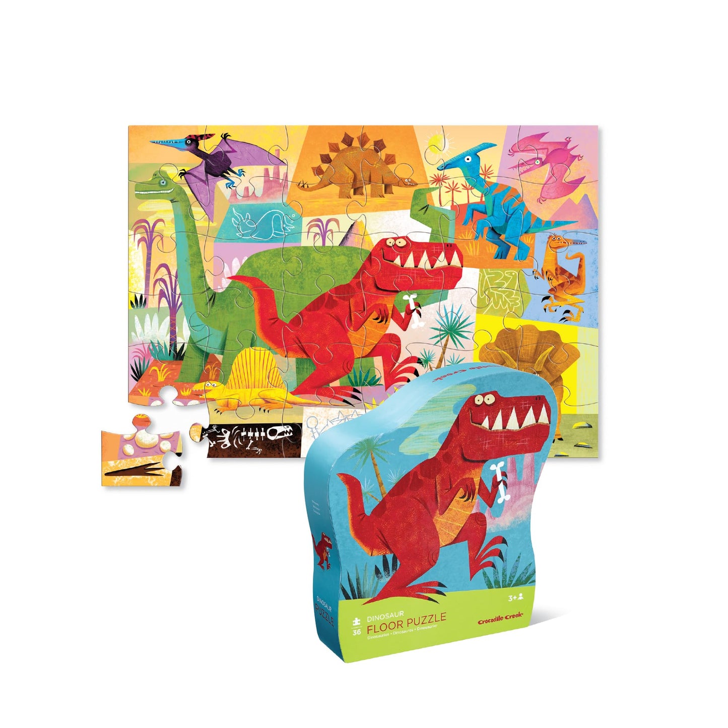 Crocodile Creek 36-Piece Jigsaw Floor Puzzle - Fun Floor Puzzles for Kids Ages 3-5 - Heavy-Duty Shaped Box for Storage - Dinosaur - 24" W x 18" H Finished