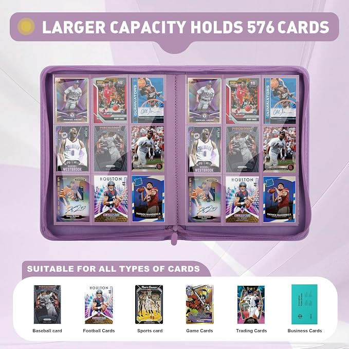 Trading Card Binder 9 Pocket, 360 Pockets Double-Sided Card Album, Premium PU Leather Zipper Card Holder for MTG, TCG, Sports & Game Cards, Must-Have for Collectors（Purple）