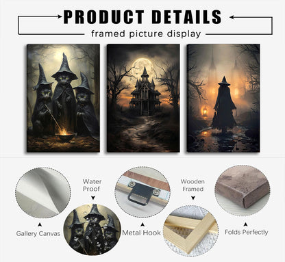 3pcs Halloween Canvas Wall Art Dark Academia Scary Witch Black Cat Castle Wall Decor Pictures Thriller Horror Gothic Posters Prints for Halloween Party House Decoration Prepare to hang