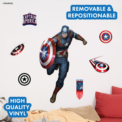 Wall Palz Marvel Captain America Wall Decals - 24" Avengers Removable Vinyl Stickers for Kids Bedroom Playroom Bathroom - Peel and Stick Room Décor