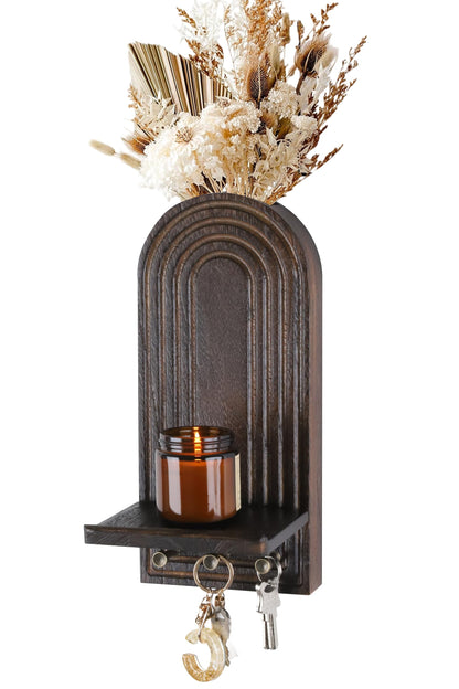 3-in-1 Wooden Wall Organizer - Planter Vase + Candle Sconces + Hooks (No Dried Flower)- Farmhouse Hanging Decor Boho Wall Art for Indoor Plants Artificial Eucalyptus for Living Room Bedroom Brown