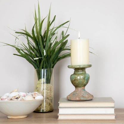 Creative Co-Op 2-Tone Sculptural Terracotta Pillar Candle Holder, Distressed Green
