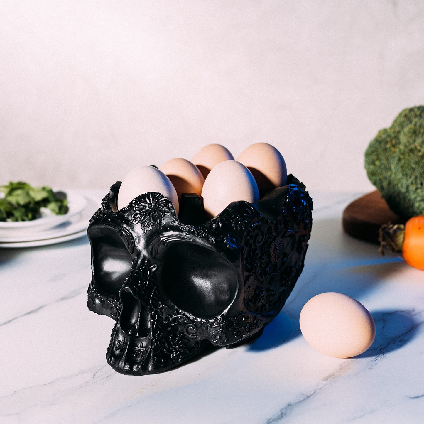 Skull Egg Holder Container Bowl 6" H Half Dozen Decorative Skeleton Egg Keeper Storage Display Organizer Tray, Gothic Kitchen Countertop Breakfast Serving Dish, Spooky Halloween Home Decor Gift Items