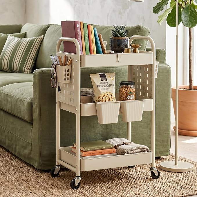 danpinera 3 Tier Rolling Cart with Retractable Dividers, Multi-Functional White Rolling Utility Cart with Pegboards, Hooks & Hanging Cups for Nursery, Living Room, Studio