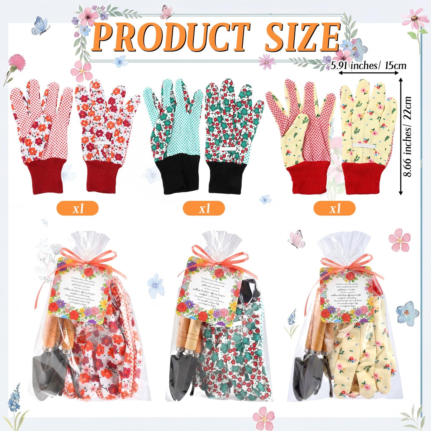 Cuffbow 3 Set Mother's Day Gardening Gifts Floral Gardening Gloves, Garden Shovel, Mini Garden Tools with Mother's Day Cards and Bags for Mom Grandma Birthday Gift (Classic)