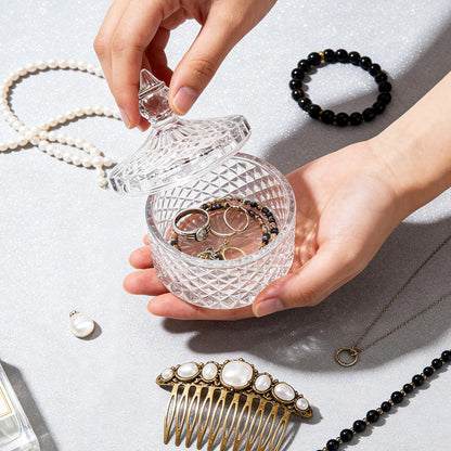 Glass Jewelry Box, Crystal Candy Dish with Lid, Ring Box, Small Trinket Dish, Jewelry Organizer Dish with Lid, Decorative Jewelry Bowls for Home Decor, Christmas Birthday Gifts for Women (Diamond)