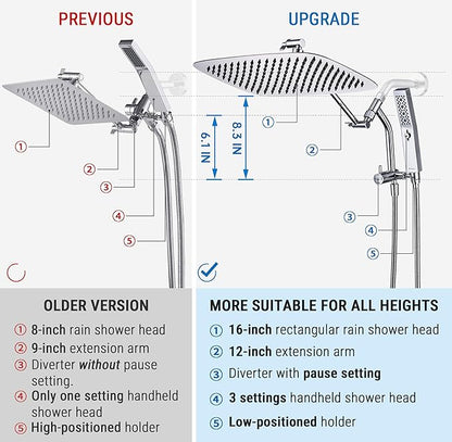 G-Promise All Metal 16 Inch Rain Shower Head with Massage Mode Handheld Spray Combo, 3-Way Diverter with Pause Setting, Full Body Coverage, Modern Bathroom Upgrade (Chrome)