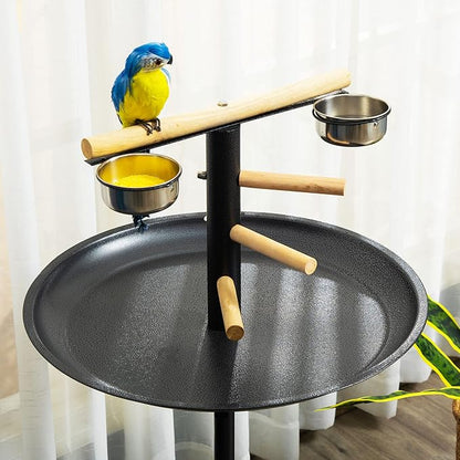 PawHut Bird Play Stand, Portable Parrot Perch, Bird Feeder Station, with Four Wheels, Stainless Steel Feeding Bowls, Round Tray, Grey