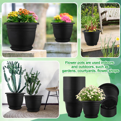 Sunnychicc 12 Pack 10'' Plastic Plant Pots Round Planter Pots with Saucer Tray Seedling Pot Hole Seed Resin Plant Pot Starting Nursery Flower Container with Pallet for Garden Outdoor Indoor(Black)