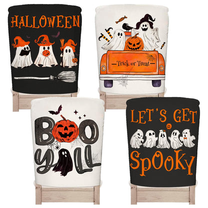 JarThenaAMCS 4Pcs Halloween Chair Covers Spooky Ghost Boo Y' All Seat Covers Washable Black Dining Chair Slipcover Protector for Home Kitchen Decor