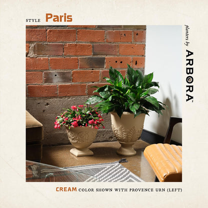 ARBORA 17" Paris Urn Polyresin Indoor and Outdoor Planter with Cream Finish - Durable, Weatherproof, Lightweight, Large Plant Pot for Patio, Garden, Deck, Entryway
