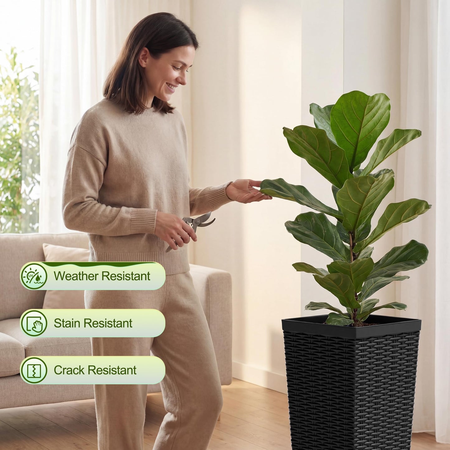 Devoko Resin Tall Planters for Outdoor Plants Set of 2, Large Widened Taper Planter Pots with 8 Drainage Holes, Flower Pots Modern Decor for Porch, Patio, Garden (Black, 24'' Without Trays)