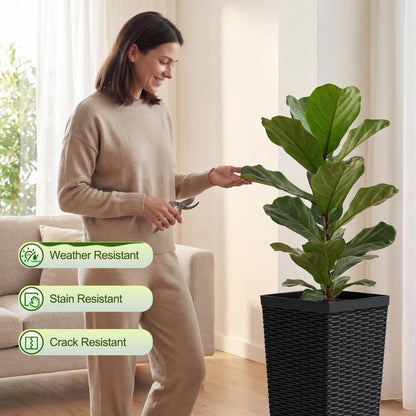 Devoko Resin Tall Planters for Outdoor Plants Set of 2, Large Widened Taper Planter Pots with 8 Drainage Holes, Flower Pots Modern Decor for Porch, Patio, Garden (Black, 24'' Without Trays)
