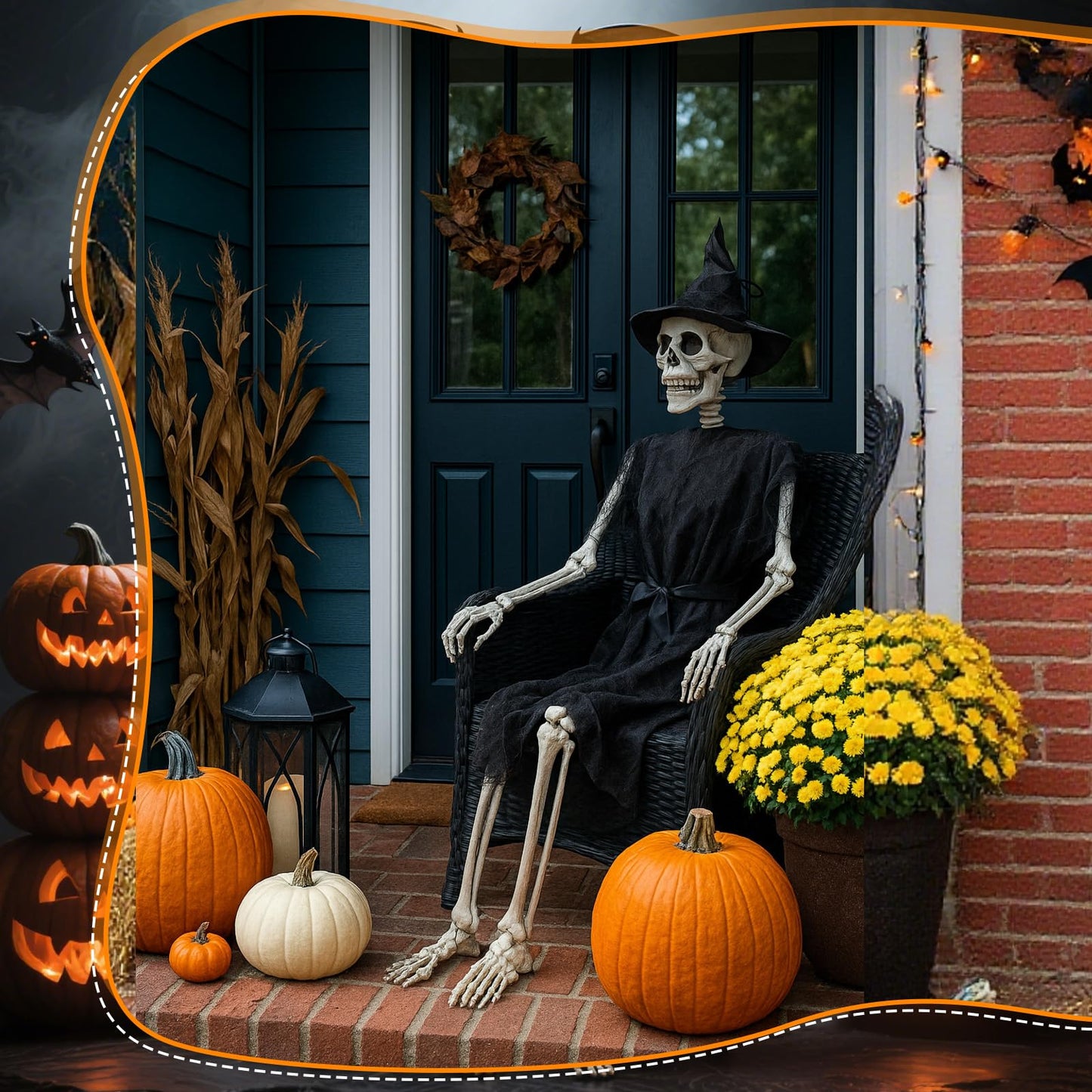 HunnmingRe 1 Set 5.4 ft Halloween Skeleton Decorations Outdoor Posable Life Size Skeleton with Costume Clothing Set and Movable Joints for Halloween Party Yard Haunted House Prop Decor (Witch)