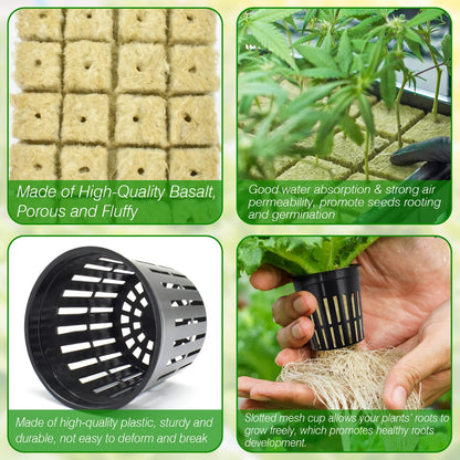 Halatool 72PCS 1.2 Inch Rockwool Cubes with 56PCS 2 Inch Net Cups for Hydroponics Great Kratky Hydroponics Kit for Soilless Cultivation Cloning Plants Growing Seeds
