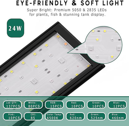 24/7 LED Aquarium Light for 30-36 Inch Plant & Fish Tank, 12-Color & Gradient & Full Spectrum with Auto On/Off, Brightness, Sunrise-Daylight-Moonlight, Extendable Brackets for Freshwater IP68