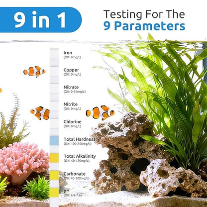 SEAOURA 9-in-1 Aquarium Test Kit for Fish Tanks - 65 Strips Water Testing Strips for Aquariums & Ponds Accurate Testing Iron，Copper，Nitrate，Nitrite，Chlorine，Hardness，Alkalinity，Carbonate，pH