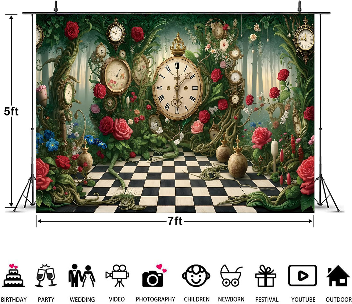 Halloween Wonderland Backdrop Tea Party Enchanted Garden Floral Green Grass Fairy Clock Checkerboard Photography Background Baby Shower Newborn Kids Birthday Party Banner Photo Props 7x5FT