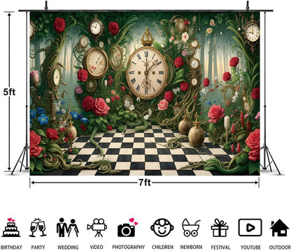Halloween Wonderland Backdrop Tea Party Enchanted Garden Floral Green Grass Fairy Clock Checkerboard Photography Background Baby Shower Newborn Kids Birthday Party Banner Photo Props 7x5FT