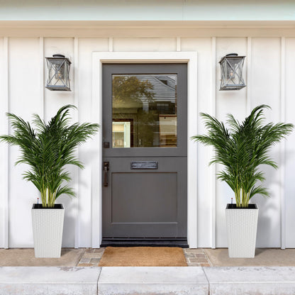 MilleLoom Set of 2 Tall 16-Inch Self-Watering Rattan Planters for Indoor & Outdoor – Large White Flower Pots with Drainage, Water Level Indicator & Trays, Modern Patio and Home Décor