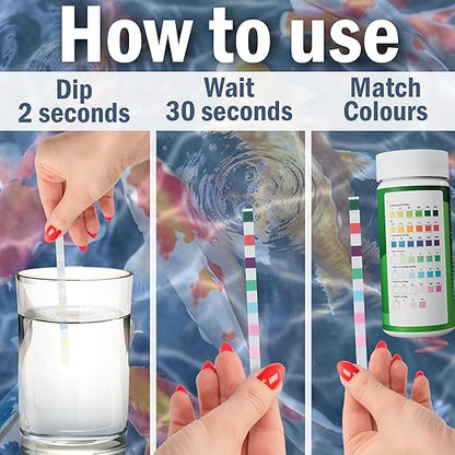7-in-1 Pond Test Strips – Accurate Pond Water Test Kit for pH, Nitrate, Nitrite, Carbonate, Hardness, Total & Free Chlorine – Easy-to-Use Accessories for All Garden Ponds – 50 Strips