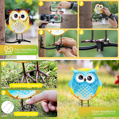 LEGIFO Owl Garden Decor for Outside, Stand & Tree Hugger Outdoor Owls Stakes Yard Art Set of 3, Funny Metal & Glass Stake Gifts for Grandma Mom Women