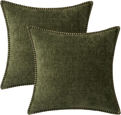 MIULEE Pack of 2 Couch Throw Pillow Covers 16x16 Inch Olive Green Farmhouse Decorative Pillow Covers with Stitched Edge Soft Chenille Solid Dyed Pillow Covers for Sofa Bed Living Room