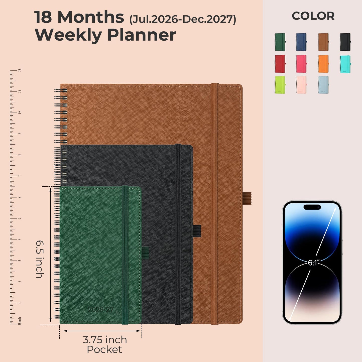 IN-LUXPRO Planner 2026-2027 Daily Weekly and Monthly,6.5"x3.75",18 Months Spiral Bound Calendar Agenda with Self-adhesive Pen Holder,2026 Academic Plan with Vegan Leather Soft Cover,Black
