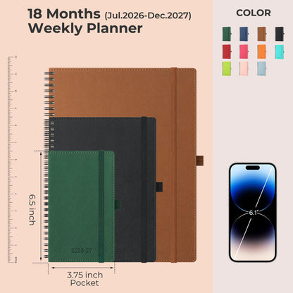IN-LUXPRO Planner 2026-2027 Daily Weekly and Monthly,6.5"x3.75",18 Months Spiral Bound Calendar Agenda with Self-adhesive Pen Holder,2026 Academic Plan with Vegan Leather Soft Cover,Green